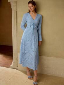 MOTF VESTIDO COM BABADOS DE RENDA CONTRASTADA - Azul - Ver 4