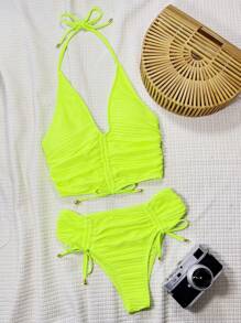 Swim SXY 女士夏季新款纯色提花面料前褶镂空露背系带休闲沙滩比基尼套装 - 青檸色 - 查看 5