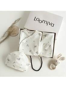 Loomiva Newborn Baby Girl 5pcs/Set Floral Print Soft Knit Long Sleeve Pullover Top, Elastic Waist Pants, Hat, Gloves, Bib Set