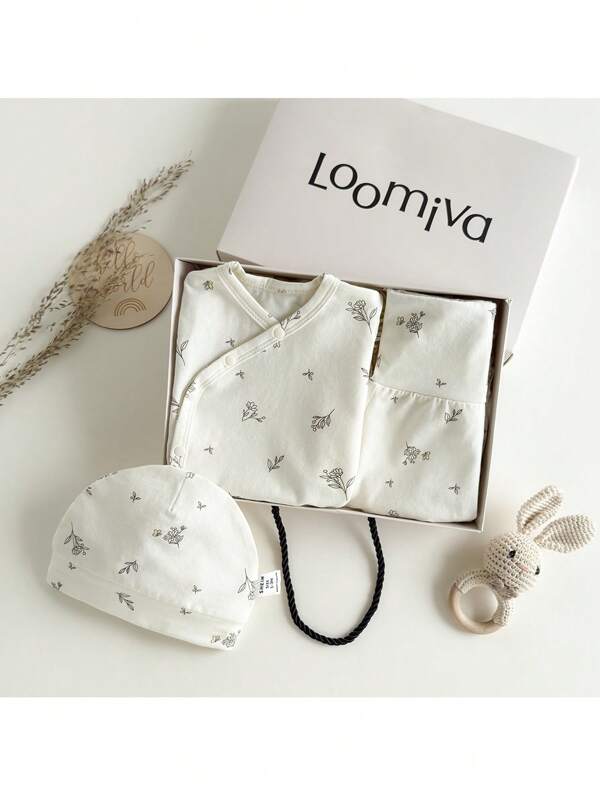 Loomiva Recién nacido Niña Conjunto de 5 piezas: Top de manga larga suave de punto con estampado floral, pantalón de cintura elástica, sombrero, guantes, babero