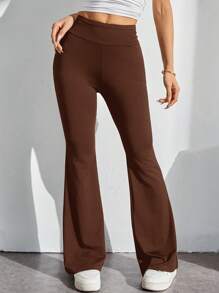 SHEIN PETITE Simple Solid Color Wrap High Waist Flared Pants - Brown - View 5