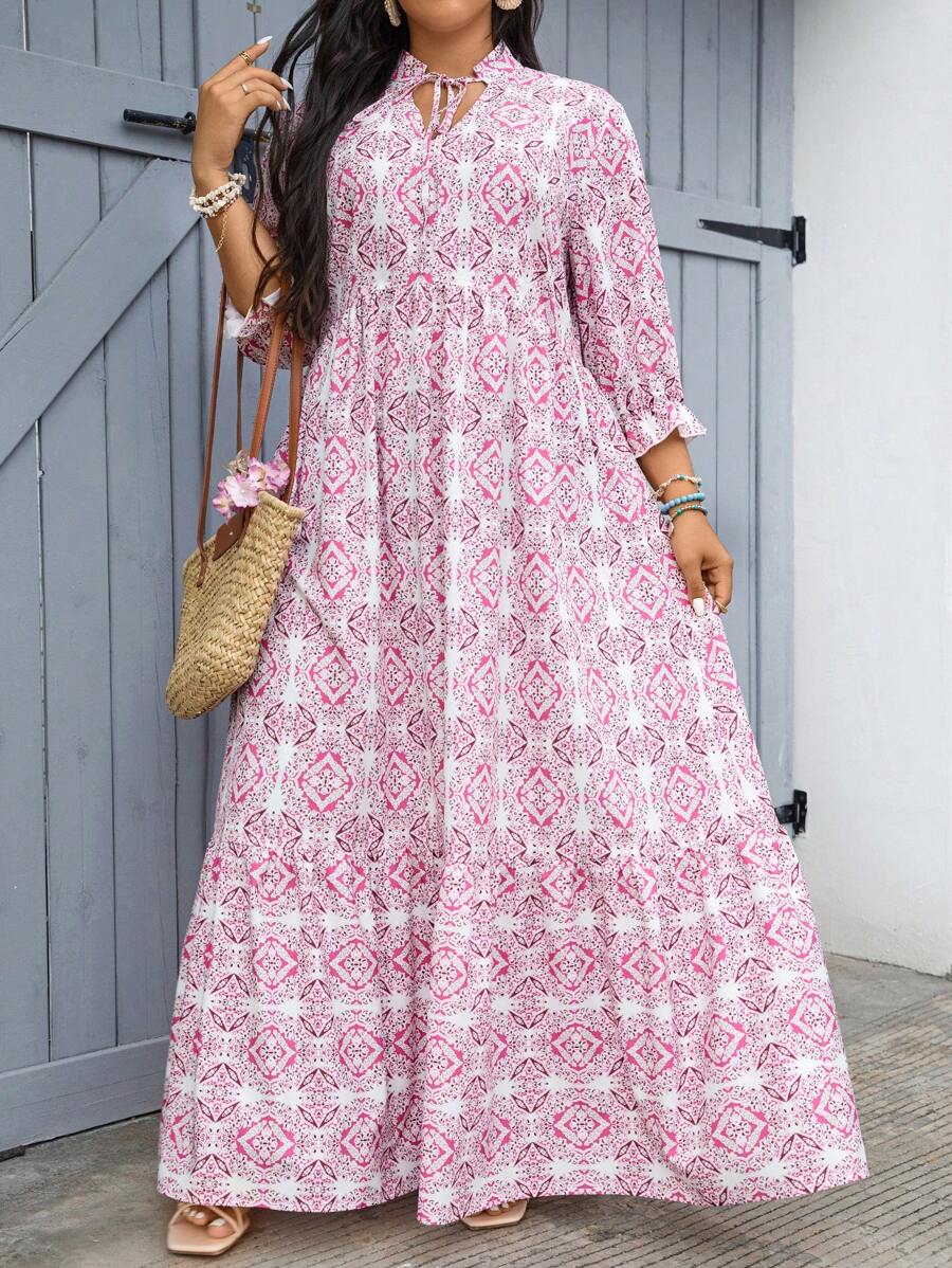 SHEIN VCAY Plus Size Print Sleeveless Dress, Beach Vacation Wear,Summer Outfits For Women - Pink - View 1