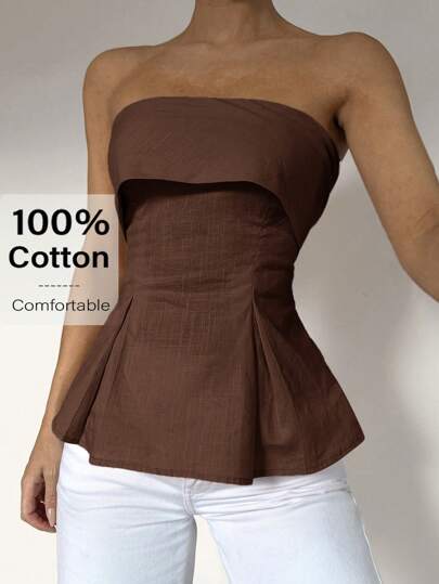 Siren Gaze Linen-Cotton Tube Top: Waist-Defining Bohemian Office Wear | Old Money Elegance Summer 2025 New Release | Day-To-Night Transition & Office Siren Style Brown