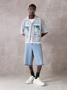 SUMWON Summer Vacation Greek Island Santorini Printed Check Shirt Resort Casual Beach Holiday Button Down Mediterranean Coastal Travel Wear - Light Grey - View 1