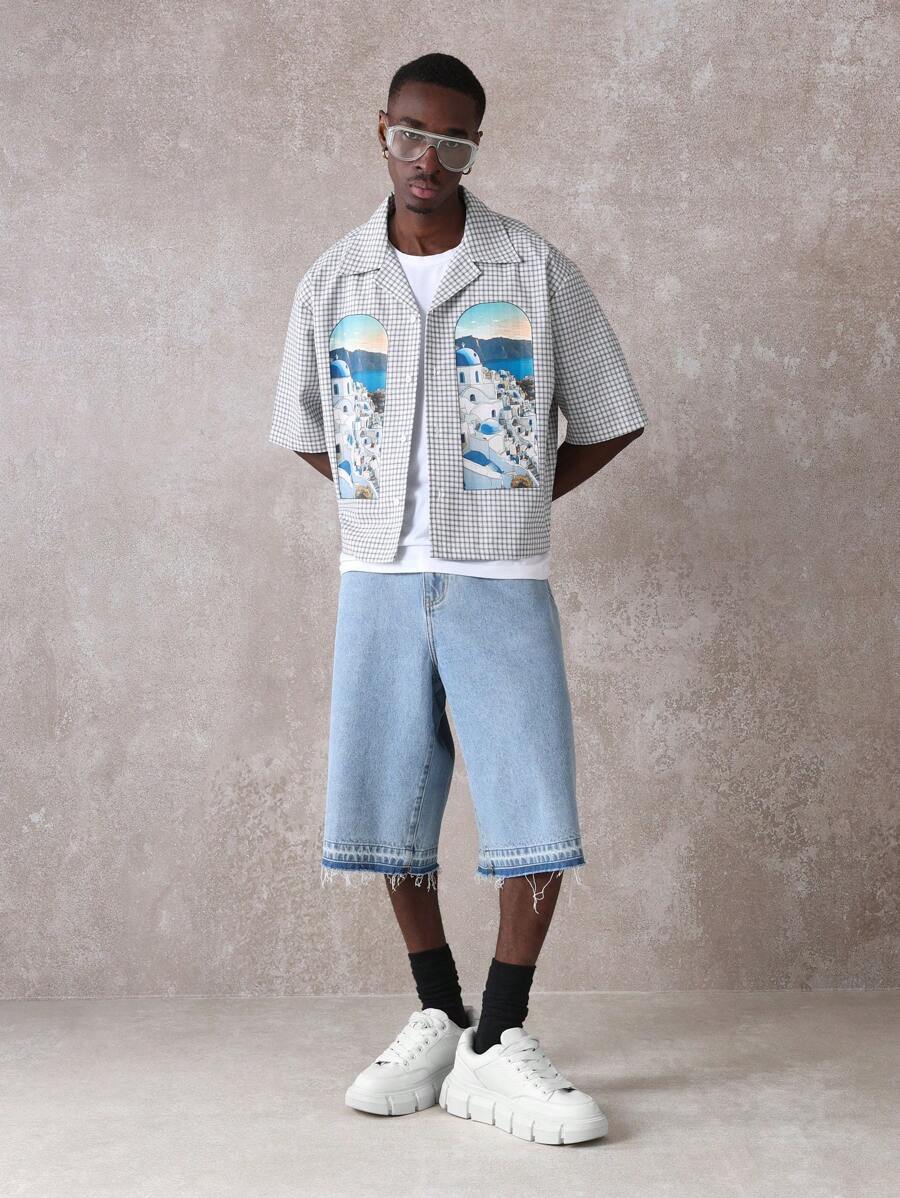 SUMWON Summer Vacation Greek Island Santorini Printed Check Shirt Resort Casual Beach Holiday Button Down Mediterranean Coastal Travel Wear - Light Grey - View 1