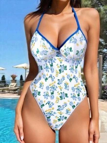 Swim Mod Women's Blue Ditsy Floral Wire Rim Spaghetti Strap One-Piece Swimsuit, Girls Style - Multicolor - View 3