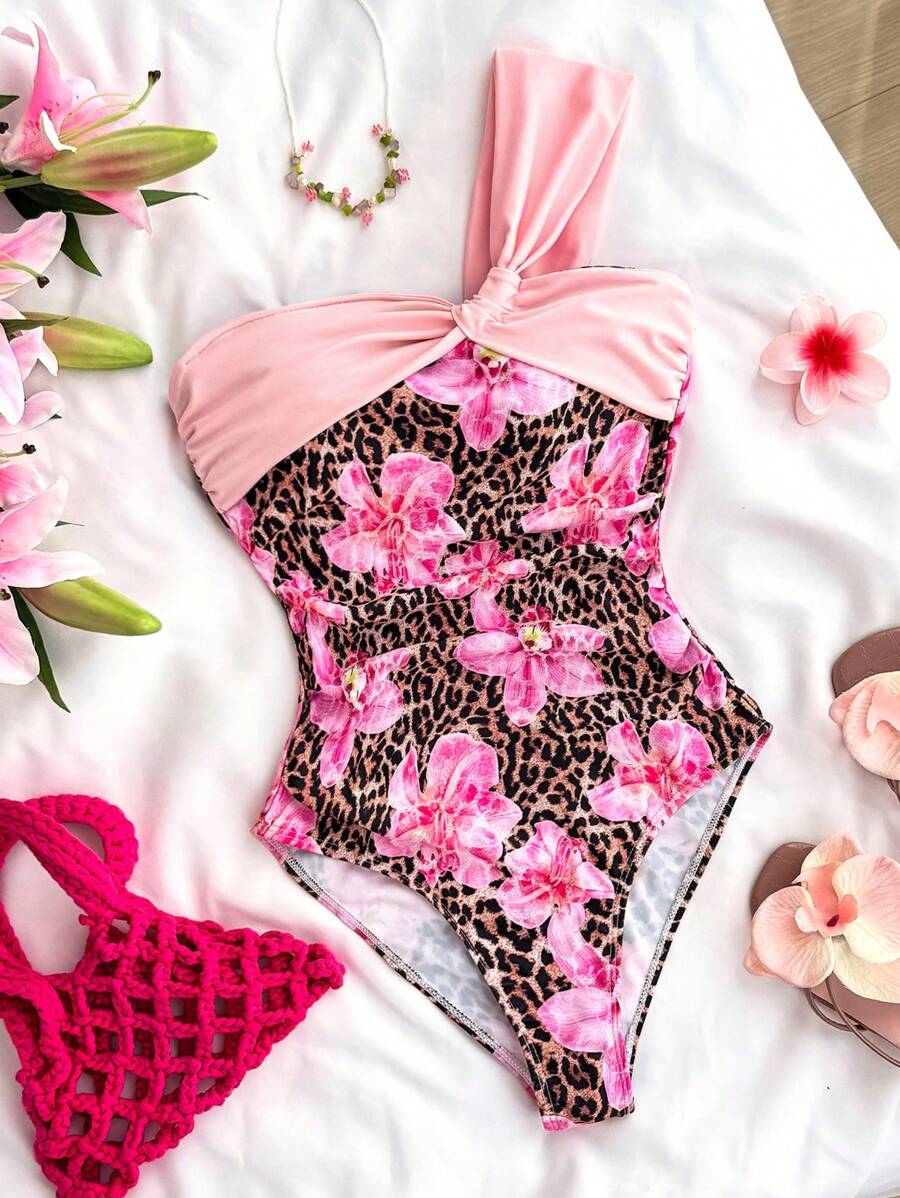 SHEIN Leap Crew Teen Girls Colorblock Asymmetrical Neck Simple Daily One-Piece Swimsuit,Summer Vacation, Holidays/Summer Beach Whip Halter Neck Stitch Halter Triangle Bikini Set,Beach Outfit Bathing Suit Summer,Summer Beach - Multicolor - View 1