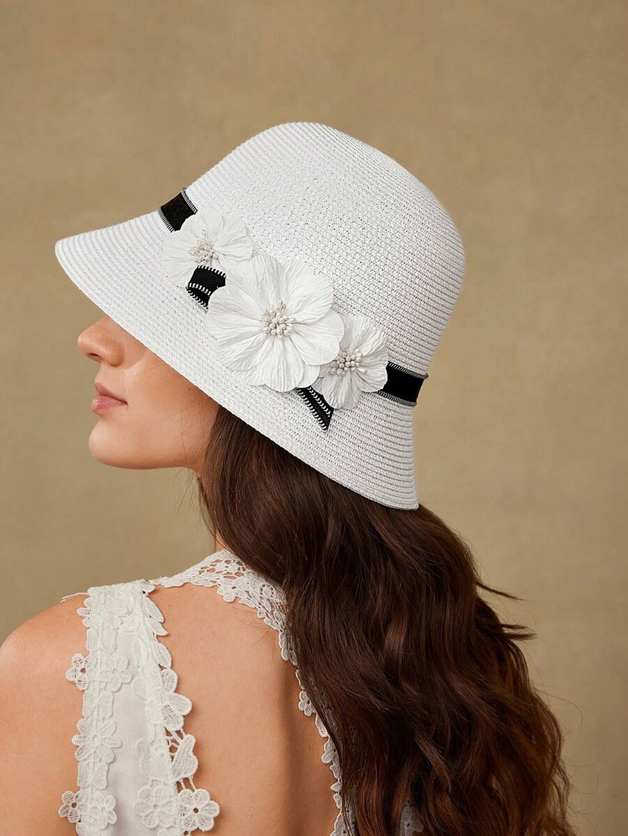 MOTF PREMIUM FLORAL APPLIQUES STRAW HAT - White - View 1