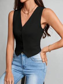 SHEIN Tall Chaleco sin cuello de color caqui sólido con escote en V y botones delanteros, chaleco de vestir, ropa de trabajo, casual de negocios para mujer en otoño/invierno - Negro - Ver 6