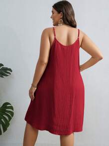 SHEIN VCAY Plus Size Solid Casual Button Front Cami Summer Dress,Sun Dresses For Women - Red - View 2
