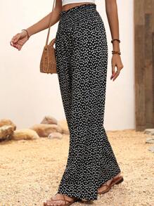 SHEIN Tall Pantalones anchos de pierna con volantes en el bajo, de estilo casual de vacaciones, con estampado floral diminuto de color negro y blanco, de una tela con sensación de lino, para mujeres