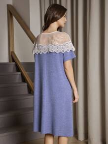 SHEIN New Casual Hollow-Out Lace Patchwork Open Shoulder Round Neck Short Sleeve A-Line Nightgown, Summer