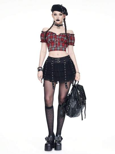 Grunge Punk Sommer Tops Vintage Bluse mit V-Ausschnitt und Puffärmeln, modisch für Damen im Sommer