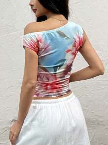 SHEIN EZwear Women's Holiday Floral Printed Asymmetric Neck Ruched Fashion Top - Multicolor - View 2