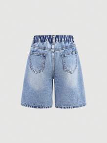 SHEIN 少女Y2K时尚街头风浅蓝色水洗宽松高腰百慕大牛仔短裤，适合夏季音乐会、锐舞派对、毕业典礼、女孩夏季早午餐、海滩度假、乡村音乐会等场合。 - 淺色水洗藍 - 查看 2