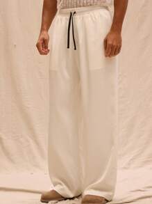 Musero Contrast Drawstring Waist Satin Straight Leg Trousers Spring Summer Streetstyle Holiday Vacation Beach - White - View 2