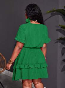 SHEIN Slayr Women Plus Size Mini Dress - Casual Romantic Vacation Outfit, Sexy Form-Fitting Solid Rose Red Short Sleeve With Ruffled Chest Tie-Front A-Line, Woven Textured Fabric, Spring/Summer - Green - View 3