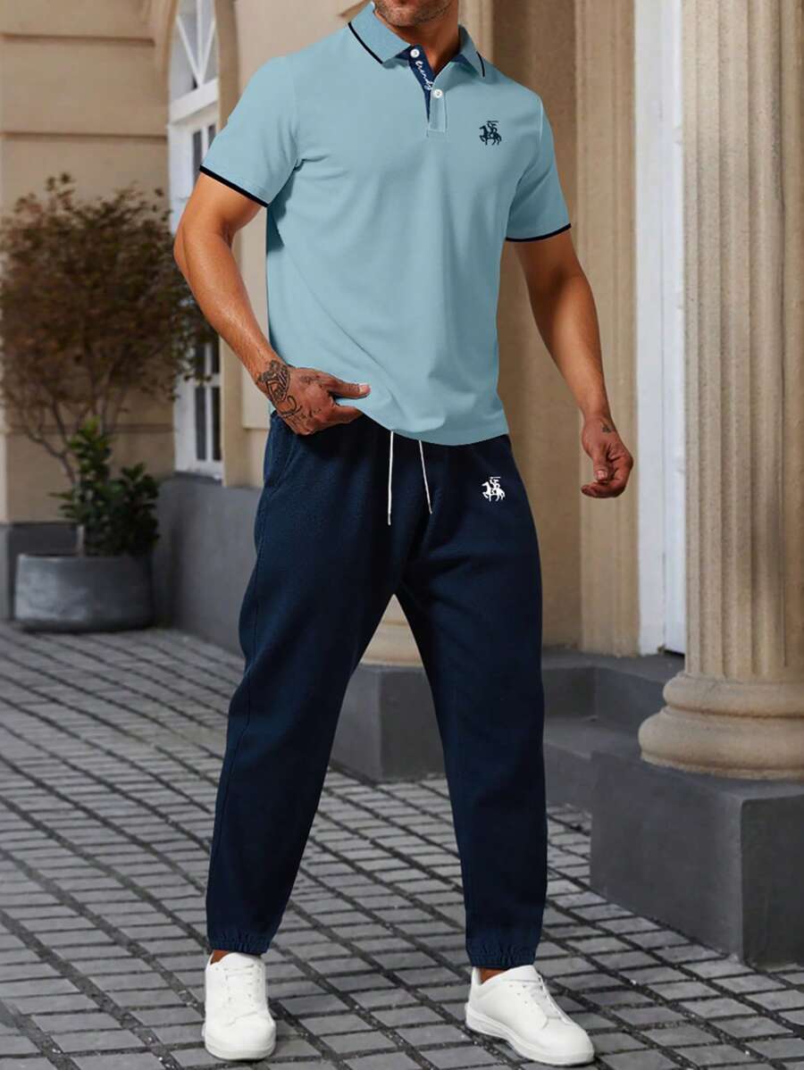Manfinity Homme 2件套男士撞色短袖Polo衫和裤子套装男士休闲装男士夏季服装男士T恤套装 - 藍色 - 查看 1