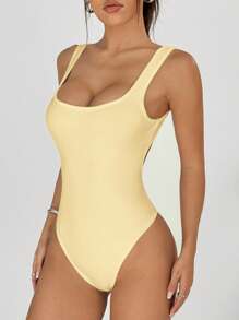 SHEIN EZwear Bộ đồ liền thân hở lưng màu trắng thời trang mùa hè giản dị cho nữ - Màu vàng - Xem 5