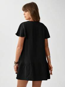 SHEIN LUNE Ladies' V-Neck Single-Breasted Ruffle Hem Dress - Black - View 5