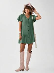 SHEIN LUNE Women's Solid Color Texture Ruffle Hem Dress - Dark Green - View 2