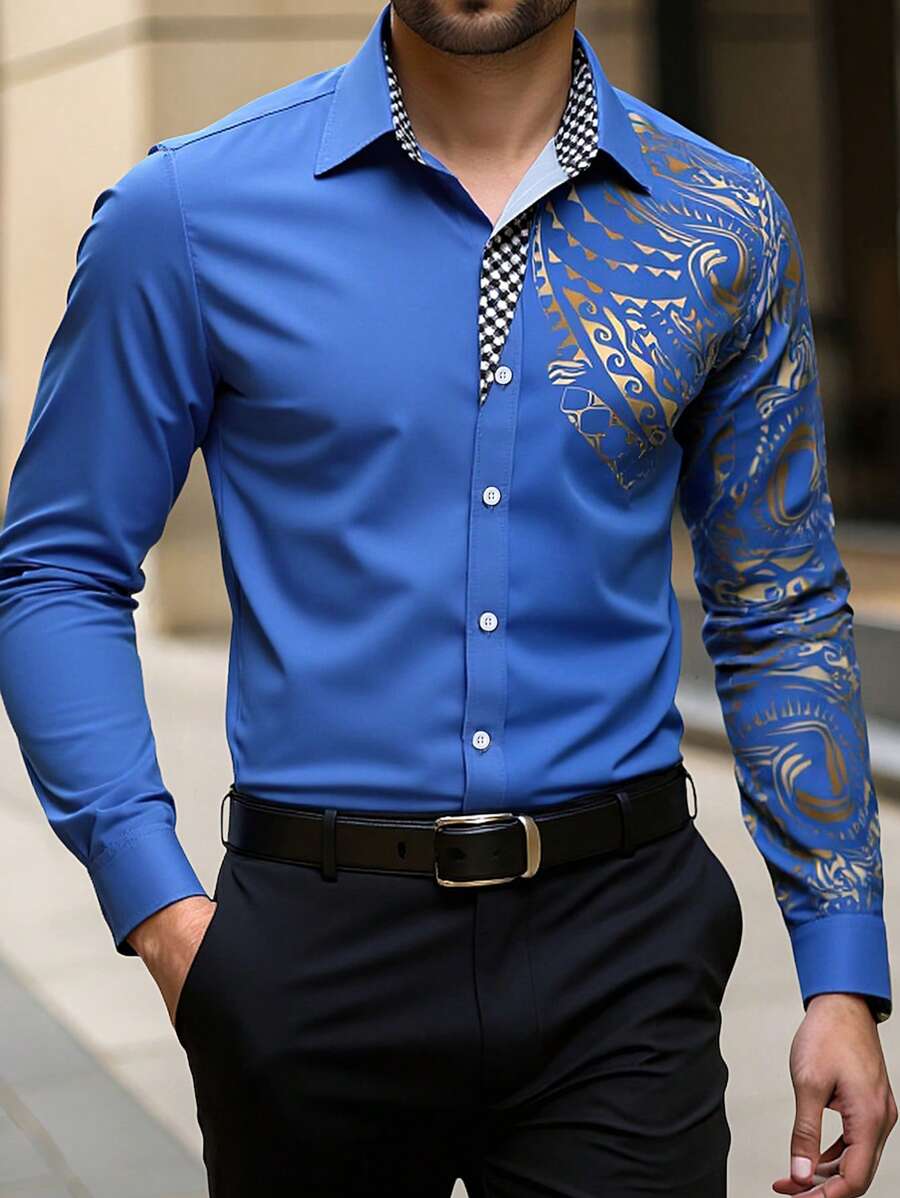 Manfinity AFTRDRK Men's Fashionable Long Sleeve Shirt In Royal Blue With Intricate Gold Pattern And Shirt Collar, For Fall - Royal Blue - View 1