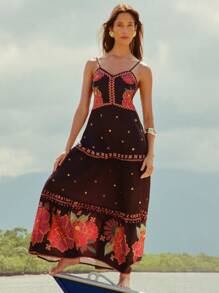 CAJUNI Bohemian Holiday Tropical Red Floral Print Casual Beach Sleeveless Spaghetti Strap Backless Tie Strap Layered Maxi Dress For Women - Multicolor - View 1