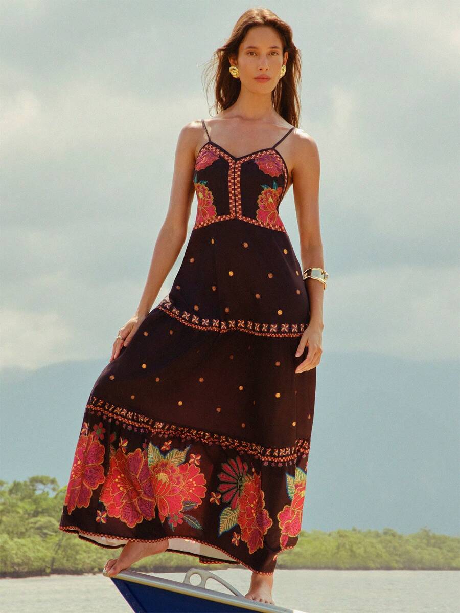 CAJUNI Bohemian Holiday Tropical Red Floral Print Casual Beach Sleeveless Spaghetti Strap Backless Tie Strap Layered Maxi Dress For Women - Multicolor - View 1