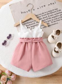 SHEIN Baby Girl Cute Summer White Camisole & Elastic Waist Shorts 2pcs Set