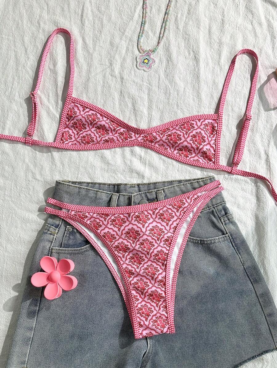 Swim Mod 女士夏季碎花泳衣细肩带性感比基尼度假紧身休闲可爱俏皮两件套泳衣 - 粉色 - 查看 1