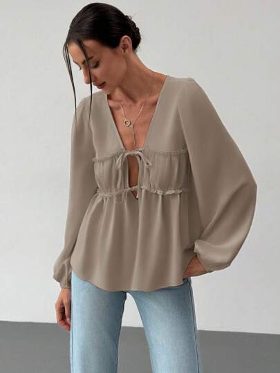Aloruh Romantic Date Tie-Bow V-Neck Ruffled Lantern Sleeve Loose Women's Blouse