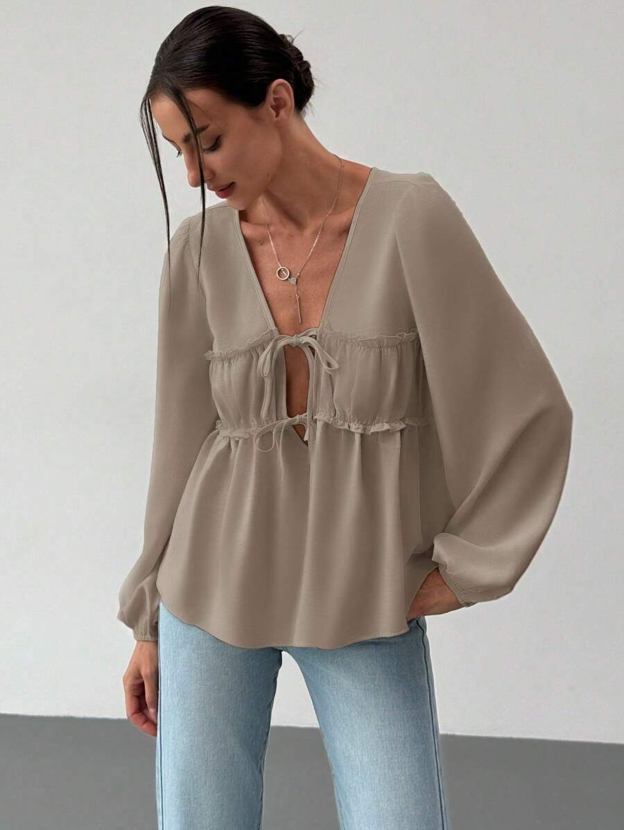 Aloruh Romantic Date Tie-Bow V-Neck Ruffled Lantern Sleeve Loose Women's Blouse - Coffee Brown - View 1