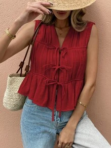 SHEIN Frenchy 女士度假休闲纯色无袖纽扣衬衫 - 紅色 - 查看 5