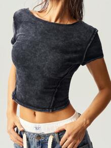 Bohemela Áo thun ôm sát dáng suông màu trơn, chất liệu wash, phong cách Boho mùa hè dành cho nữ. - màu đen - Xem 2