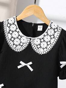 Tween Girl Black Textured Fabric Shirt, Collar With Floral Trim, White Decorative Bow, Casual Summer Fashion Blouse - Black - View 4