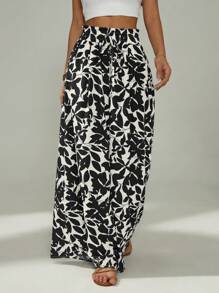 SHEIN PETITE Quần ống rộng in họa tiết thường ngày cho nữ - Đen và trắng - Xem 3