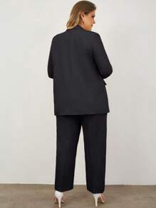 SHEIN Cottnline Plus Size Solid Color Double-Breasted Blazer And Suit Pants Set - Black - View 4