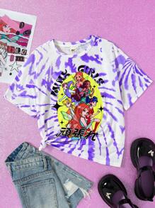 The Winx X SHEIN Maglietta con maniche corte, ampia, per ragazze pre-adolescenti, a tinta unita colorata, con stampa di ragazza stilizzata e effetto Tintura a nodi a spirale