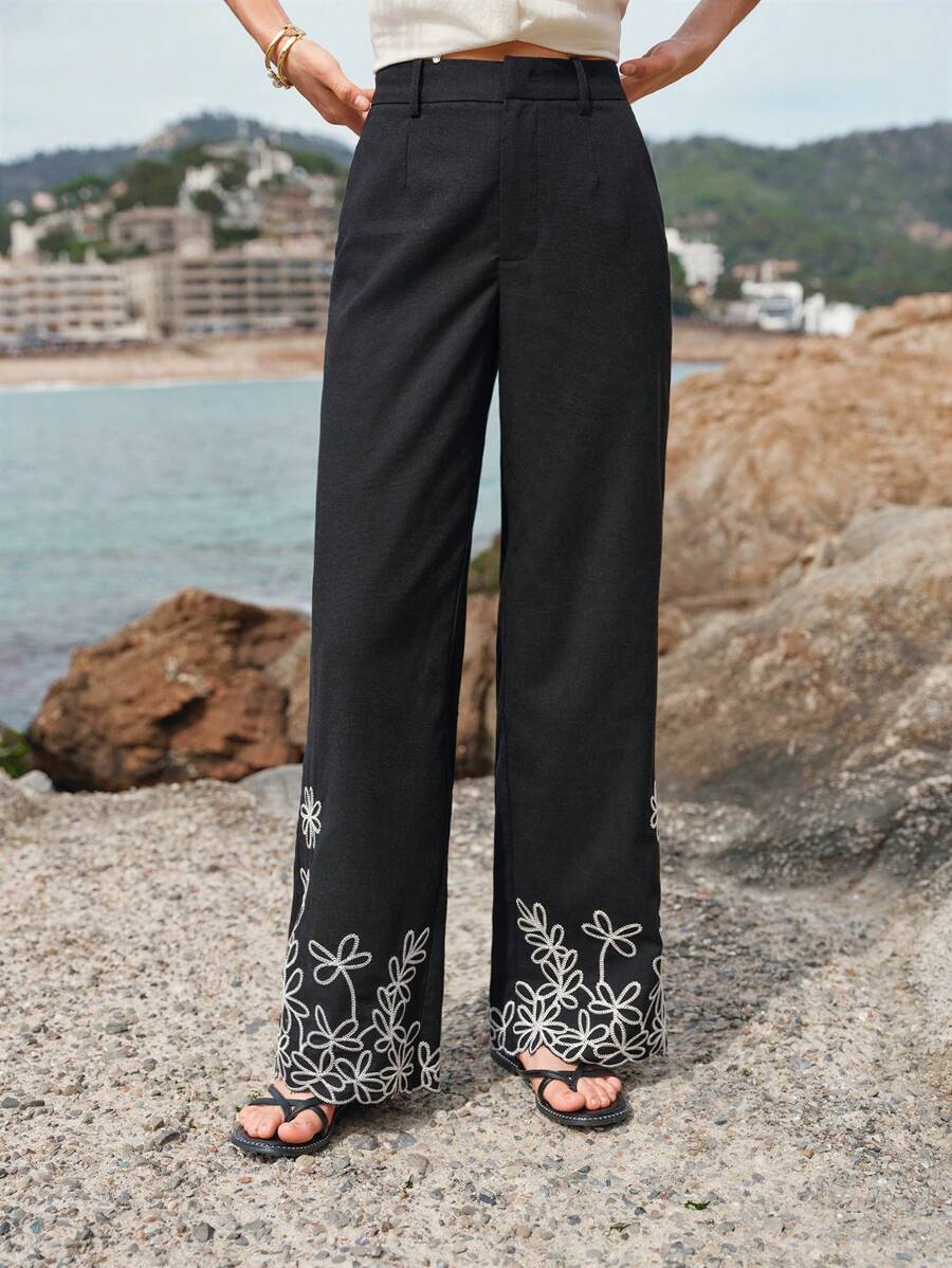 MOTF PREMIUM 亚麻花卉刺绣西装裤 - 黑色 - 查看 2
