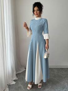 Modelyn Vestido de mujer con diseño en dos tonos, empalmado, fruncido y con bajo abombado