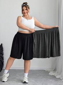 SHEIN CURVE+ 2pcs Plus Size Women Black & Gray Knee-Length Shorts Set, Loose Bermuda Shorts, Casual Vacation & Daily Wear - Multicolor - View 8