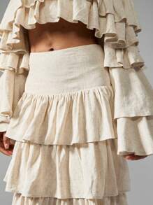 MISSGUIDED 分层荷叶边亚麻长裙节日波西米亚海滩夏季春季度假度假假日奢华高腰长款农家风格小屋核心 - 杏色 - 查看 4