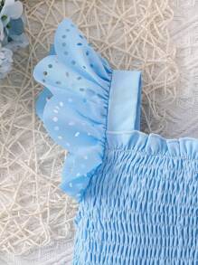 Infant Girls' Summer Vacation Style Pale Blue Drawstring Dress, With Hollow Out Ruffle Hem, Suitable For Summertime Vacation Outings - Blue - View 5