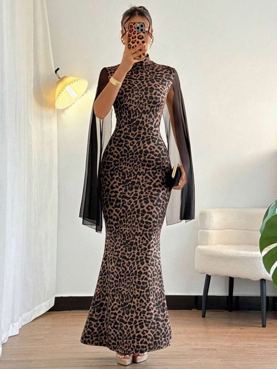 Gloray 女式优雅复古豹纹网眼飘逸袖收腰鱼尾连衣裙 - 咖啡 - 查看 1