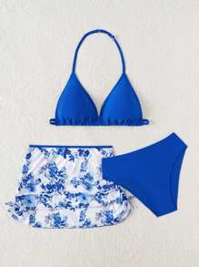 青少年女孩海军蓝比基尼套装带网纱裙，3 件套夏季海滩度假碎花泳装 - 寶藍色 - 查看 5