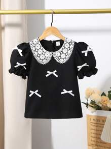 Tween Girl Black Textured Fabric Shirt, Collar With Floral Trim, White Decorative Bow, Casual Summer Fashion Blouse - Black - View 1