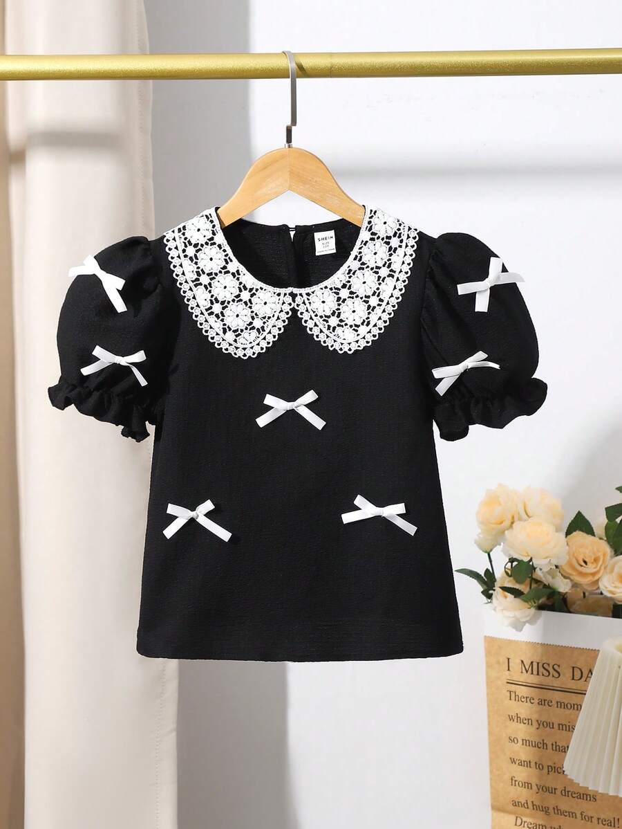 Tween Girl Black Textured Fabric Shirt, Collar With Floral Trim, White Decorative Bow, Casual Summer Fashion Blouse - Black - View 1