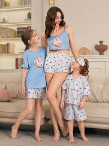 SHEIN Set da 3 pezzi di maglietta a maniche corte e pantaloncini a righe con stampe di ciliegie per bambine e ragazze, adatto per primavera/estate