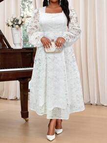 SHEIN Lady 大码优雅派对纯色纹理喇叭袖鱼尾连衣裙新年假期服装优雅派对粉色情人节正式女士连衣裙蕾丝连衣裙粉色女士连衣裙夏季女士连衣裙 - 白色 - 查看 3