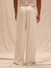 Musero Contrast Drawstring Waist Satin Straight Leg Trousers Spring Summer Streetstyle Holiday Vacation Beach - White - View 4